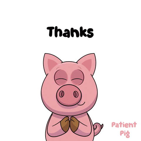 a cartoon pig with its eyes closed and the words thanks behind it