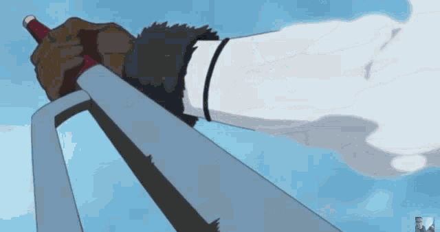 a person holding a large sword with smoke coming out of it against a blue sky