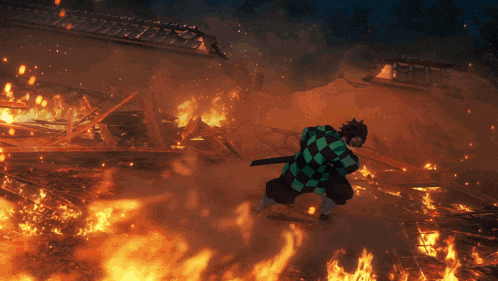 a man with a sword is standing in front of a fire