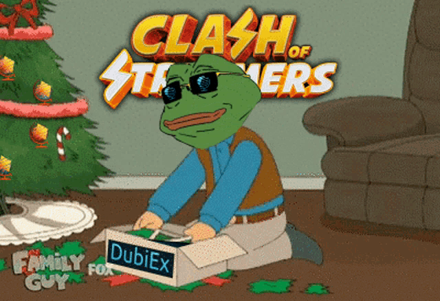 a cartoon of a man kneeling in front of a christmas tree with the words clash of the titans on the bottom