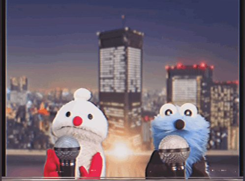 two stuffed animals holding microphones in front of a city skyline at night
