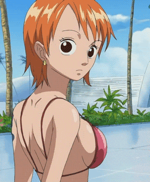 a cartoon of a girl in a bikini with a pink bra
