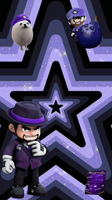 a cartoon character with a purple hat is standing in front of a purple star