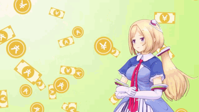 a girl in a blue and white dress is surrounded by chinese currency