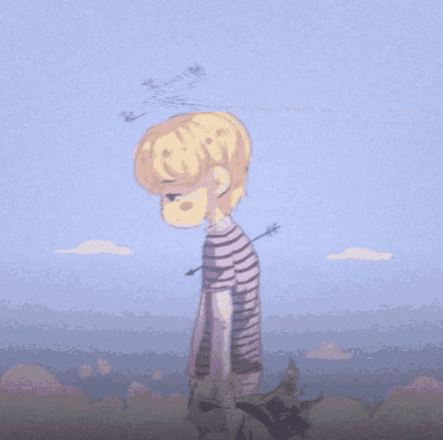a drawing of a boy with an arrow in his head holding flowers
