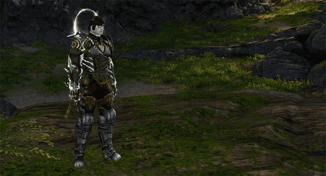 a video game character is holding a gun with a glowing flame coming out of it