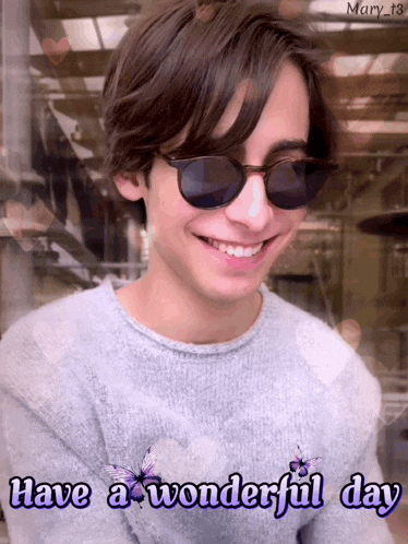 a picture of a young man wearing sunglasses with the words have a wonderful day on the bottom