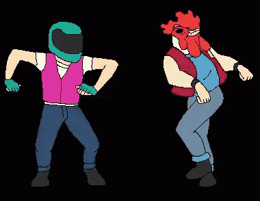 a man wearing a helmet and a chicken mask is dancing with another man .