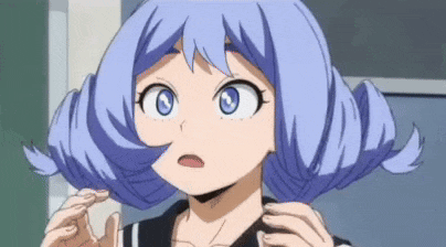 a girl with blue hair and blue eyes is looking at something .
