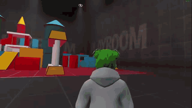 a cartoon character with green hair is standing in front of a wall with the word boom written on it