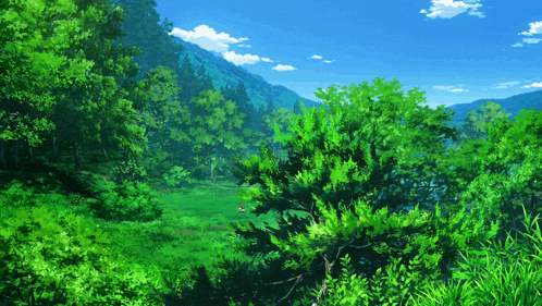 a painting of a lush green forest with a blue sky