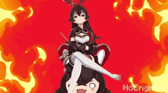 a cartoon of a girl sitting on another girl 's head with a red background