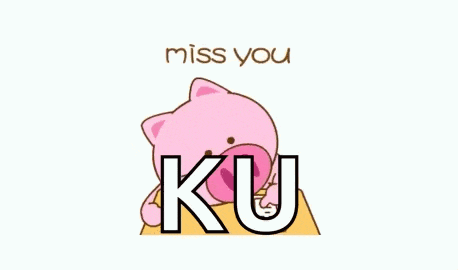 a cartoon pig is laying on a table with the words `` miss you ku '' written on it .