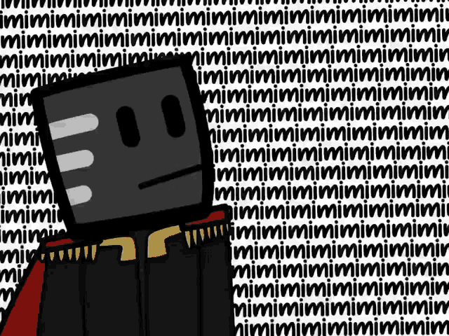 a cartoon character is standing in front of a wall of mimimi mimimi mimimi mimimi mimimi mimimi