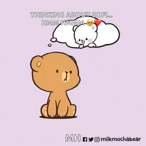 a cartoon of a teddy bear with a thought bubble that says thinking about sofi
