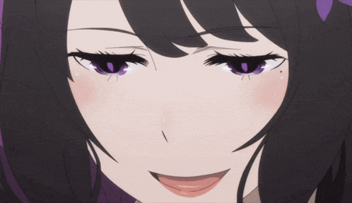 a close up of a girl with purple eyes and black hair