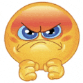 an angry smiley face with a red face and blue eyes is holding its fists up .