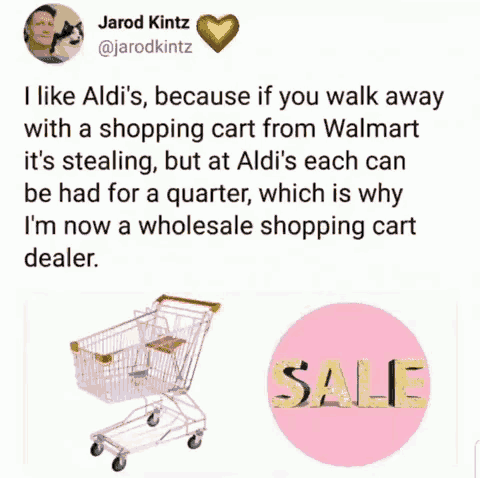 a tweet from jarod kintz shows a shopping cart and a purple circle that says sale