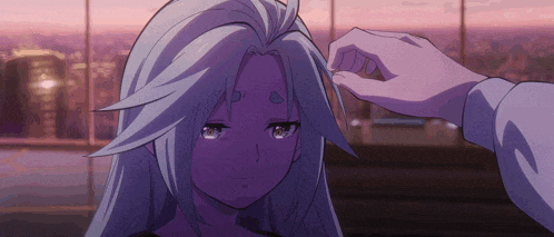 a person touching a girl 's hair with a purple background