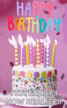 a happy birthday greeting card with a birthday cake and candles .