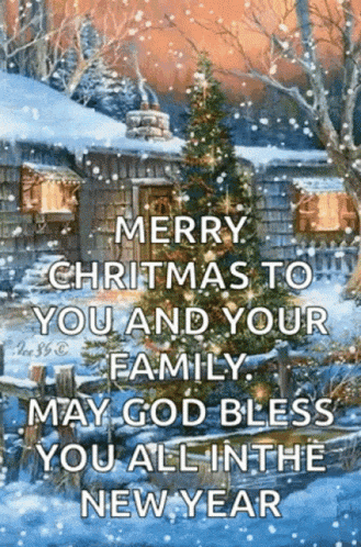 a merry christmas message with a christmas tree in the background