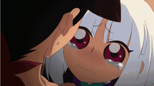 a girl with white hair and red eyes is crying in front of a man 's face