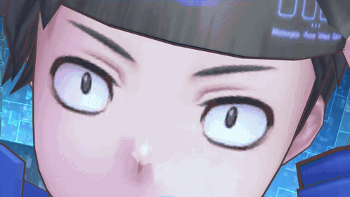a close up of a person 's face with a headband that says ' 00 ' on it