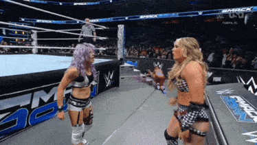 two women wrestling in a smackdown ring with a referee