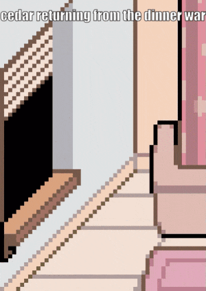 a pixel art of a room with the words " cedar returning from the dinner war " on the bottom