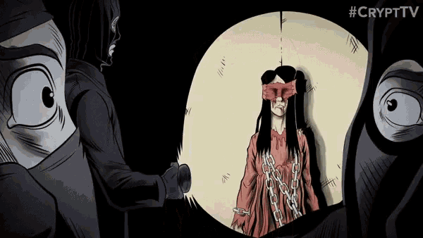 a cartoon of a woman blindfolded and chained to a wall with the words #crypttv below her