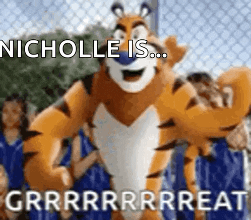 a tony the tiger mascot is standing in front of a chain link fence with people in blue jerseys behind him .