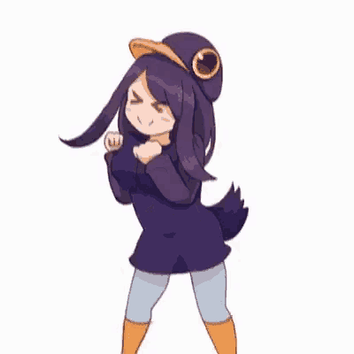 a penguin is dancing in a purple jacket and orange boots on a white background .