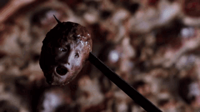 a meatball with a face on it is on a skewer over a pizza