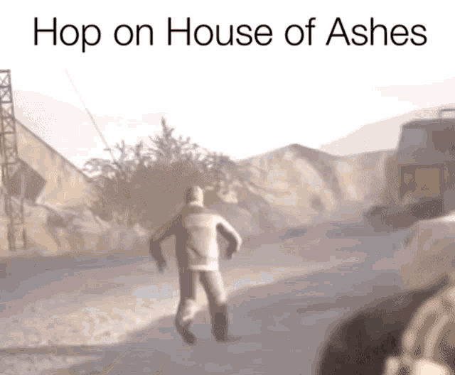a man is running down a dirt road with the words hop on house of ashes behind him
