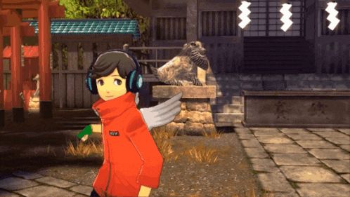 a girl wearing headphones and a red jacket with the word tokyo on the front