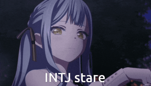 a picture of a girl with the words " intj stare " on it