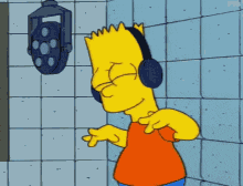 bart simpson is wearing headphones while standing in front of a microphone