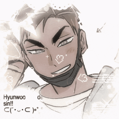 a drawing of a man with the words hyunwoo sin on the bottom right