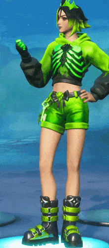 a girl in a green skeleton costume holds a green object