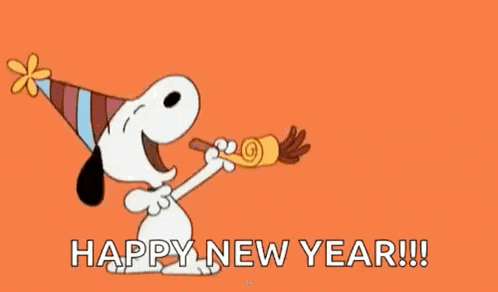 snoopy is wearing a party hat and blowing a party horn to wish a happy new year .