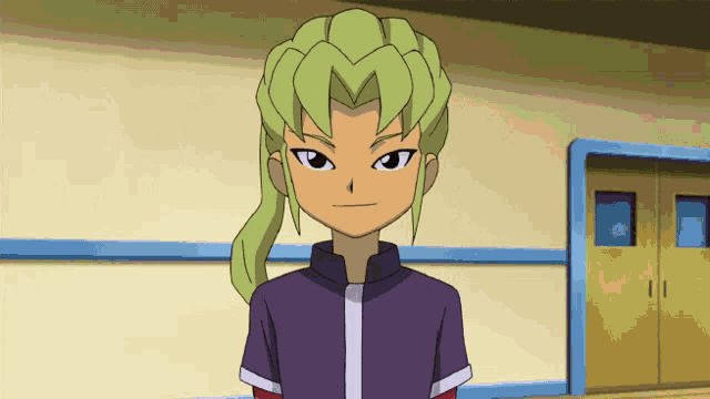 a boy with green hair and a purple shirt