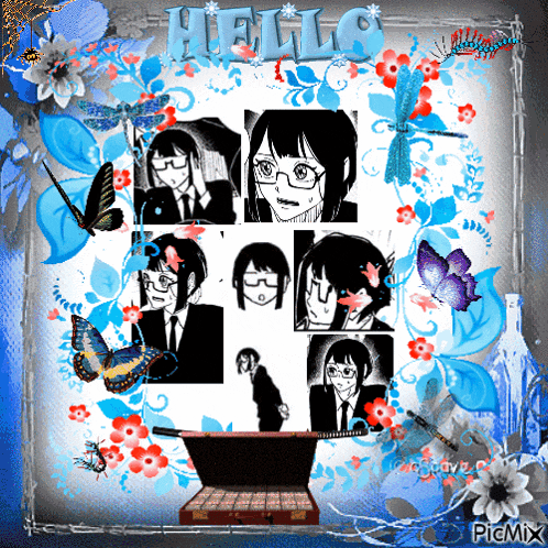 a picture of a girl with glasses and the word hello on top