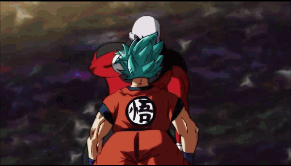 a cartoon of a man with blue hair standing next to another man