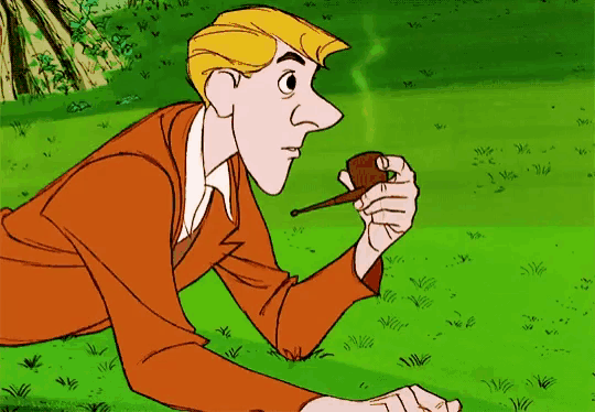 a cartoon of a man laying in the grass smoking a pipe