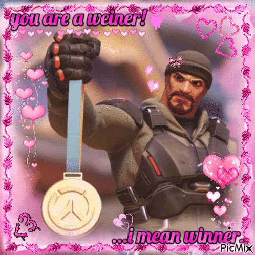 a picture of a man holding a medal with the words you are a weiner i mean winner