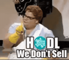 a woman wearing rubber gloves is pointing at something with the words hodl we don 't sell