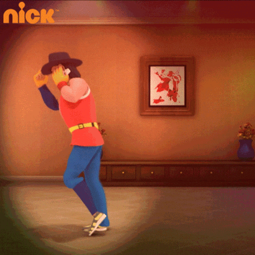 a man in a cowboy hat is dancing in front of a wall that says nick