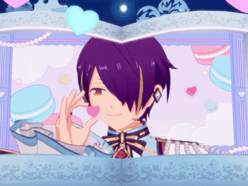 a boy with purple hair is holding a pink heart in his hand