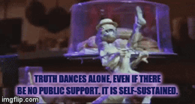 a picture of a man in a dog costume with a caption that says truth dances alone