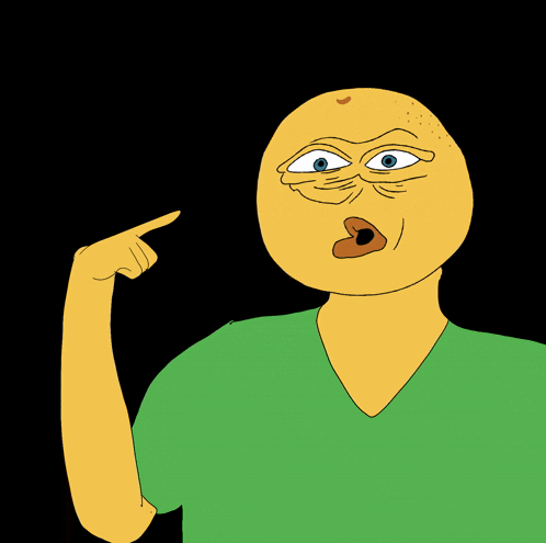 a cartoon drawing of a man in a green shirt pointing up with his finger